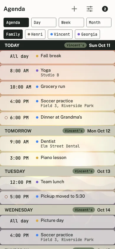 The Solution's agenda view: a week of family events